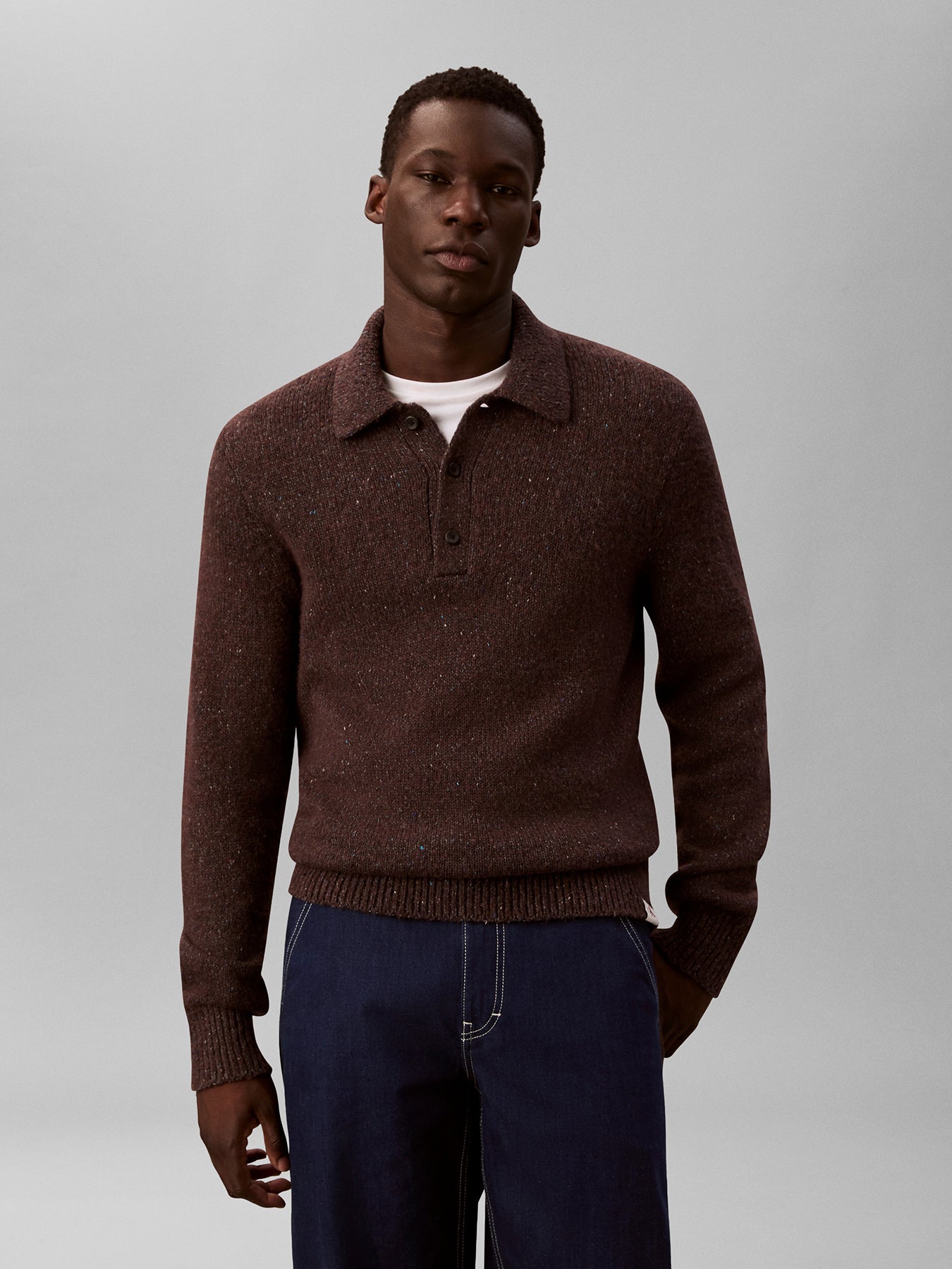 Wool Blend Polo Jumper Brown